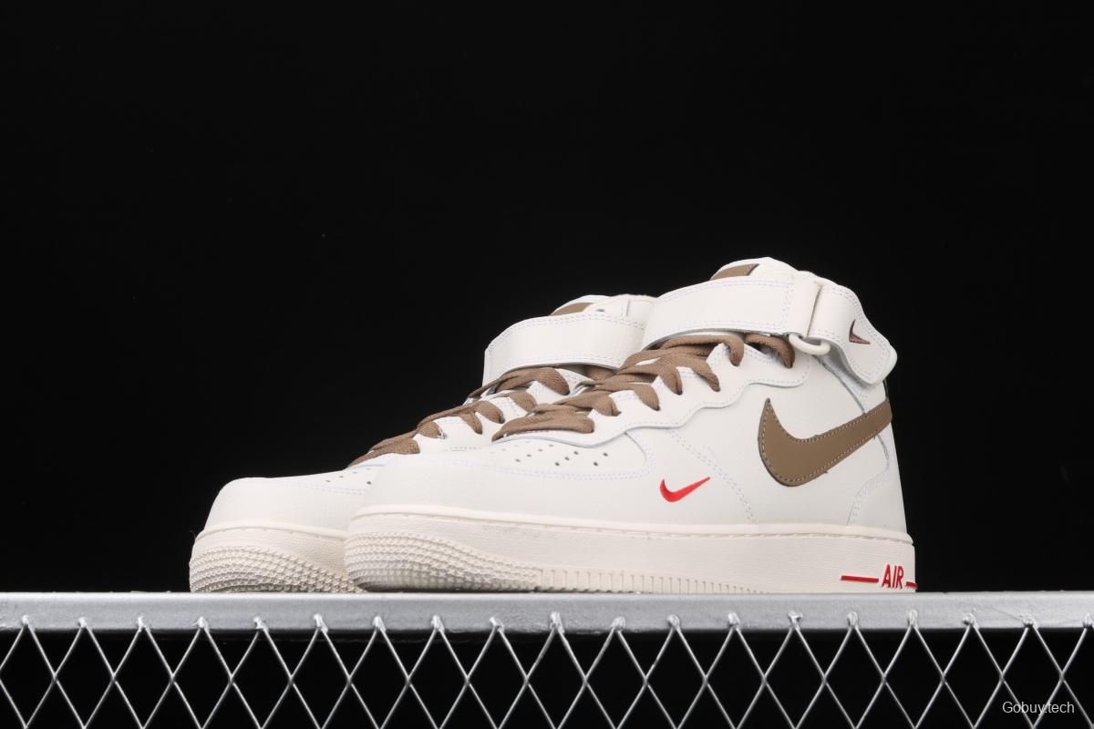 NIKE Air Force 1 Mid milky white light brown hook high top casual board shoes 808788-998