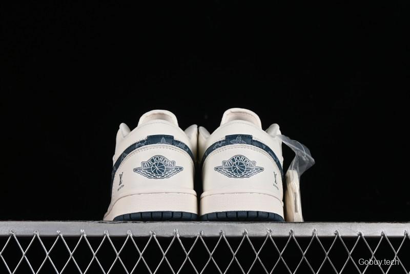 Nike Air Jordan 1 Low LV Collaboration - White with Blue Swoosh Custom Casual Sneakers - WG8850-005