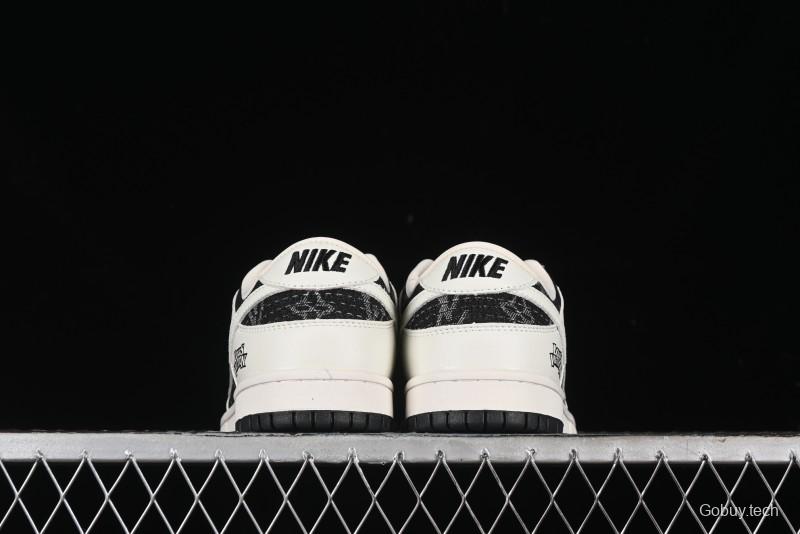 Nike SB Dunk Low LV Collaboration - Beige Black Printed Denim Anniversary High-End Custom Low-Top Casual Skate Shoes - XB3802-357