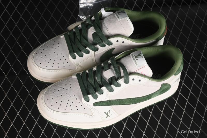 Nike Travis Scott x Fragment Design x Air Jordan 1 Low OG SP AJ1 LV Collaboration - Grey Green Pigskin Low Top Casual Sneakers - XZ1268-005