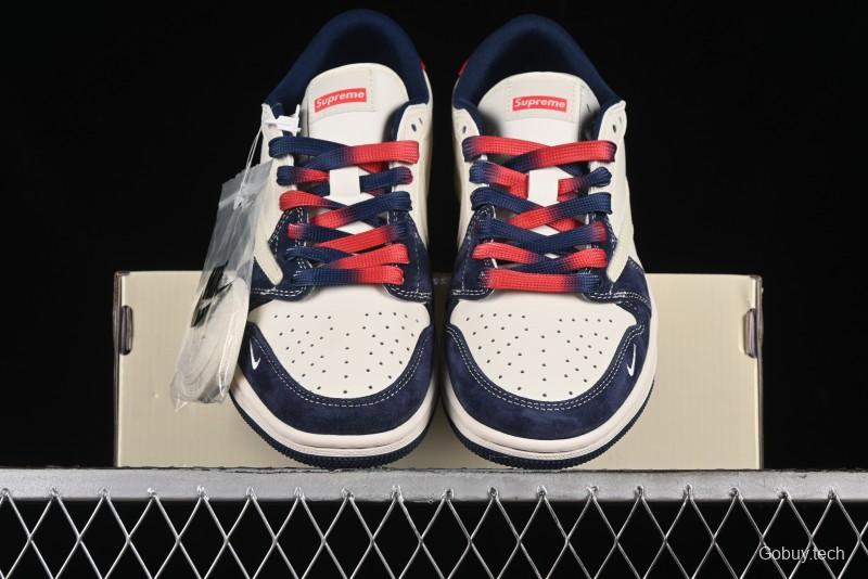 Nike Travis Scott x Fragment Design x Air Jordan 1 Low OG SP AJ1 Supreme Collaboration - Deep Blue Red Culture Casual Sneakers - XY2688-122