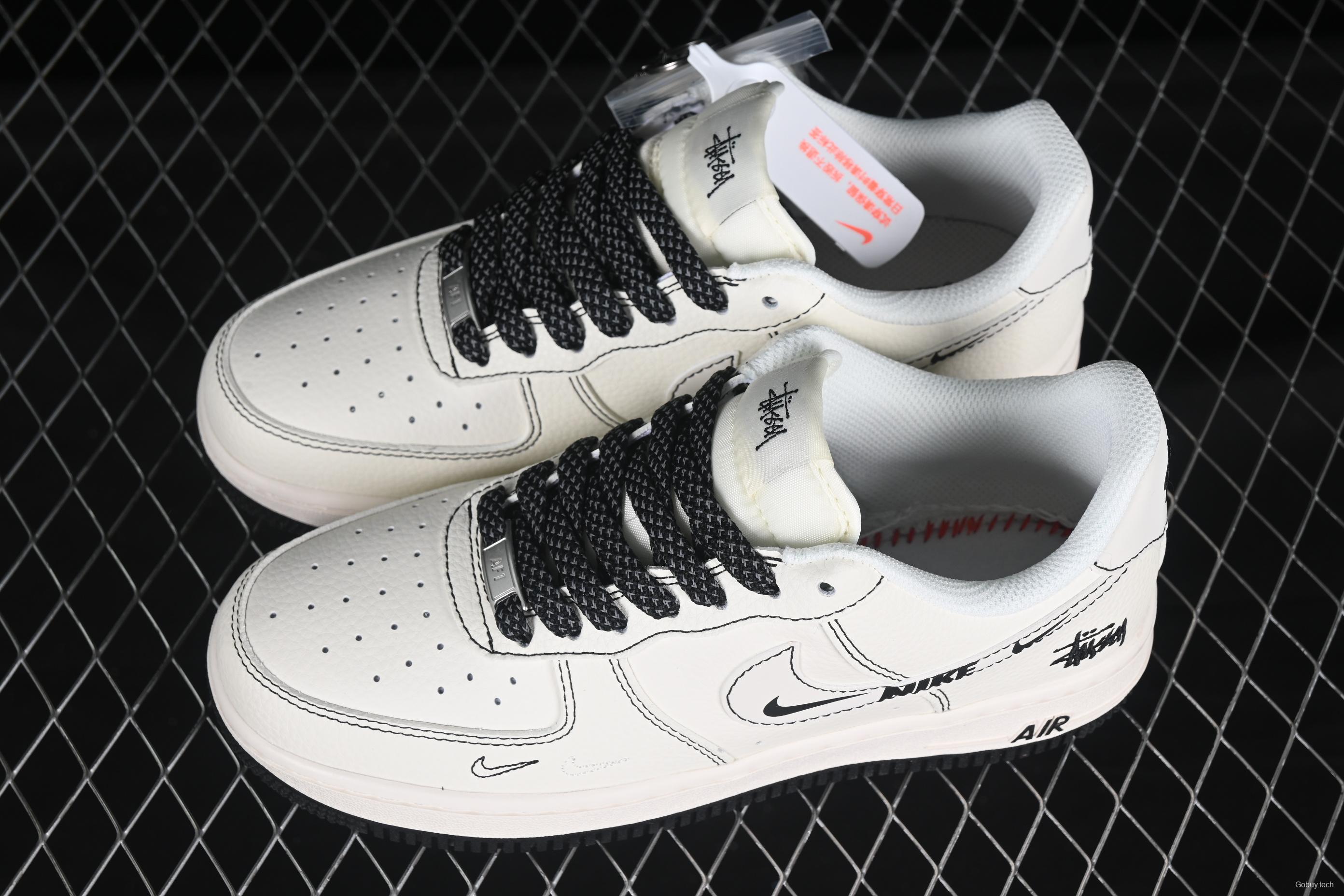 Nike Air Force 1 '07 Low Stussy Collaboration Black Swoosh Casual Sneakers - HH7518-062