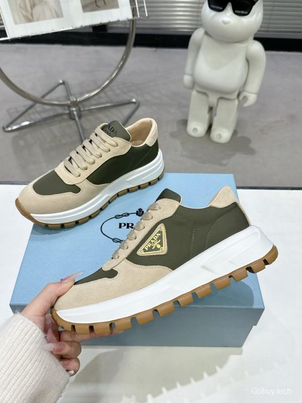 2025 Women Prada Beige Green Nubuck Leather Sneakers KFY00310