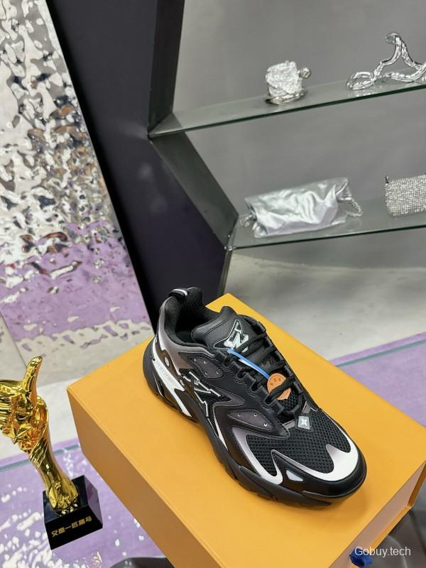 2025 Men Louis Vuitton Black Grey Mesh Leather Sneakers MJ00420