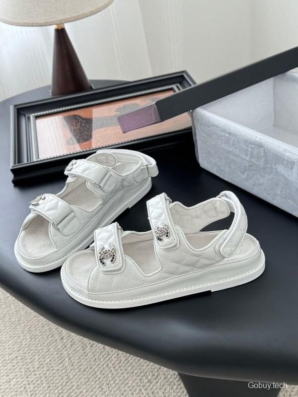 2025 Women Chanel White Leather Sandals LY00320