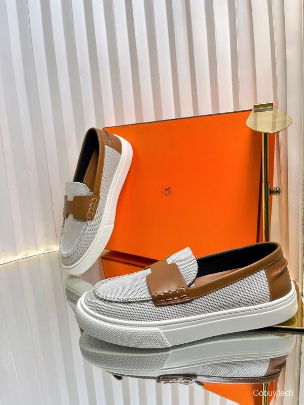 2025 Unisex Hermès White Brown Leather Fabric Loafers