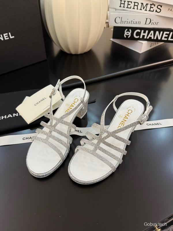 2025 Women Chanel White Synthetic Leather Sandals