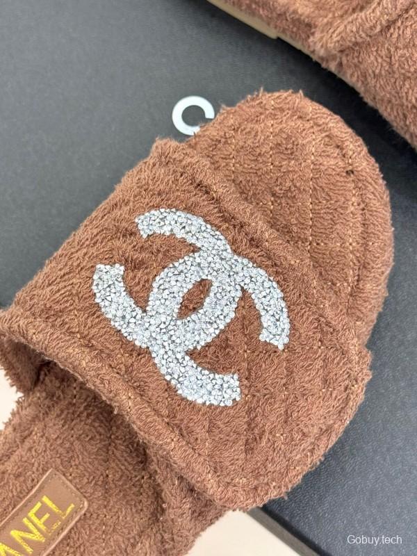 2025 CHANEL Brown Terrycloth Slippers CC Logo KFY00220