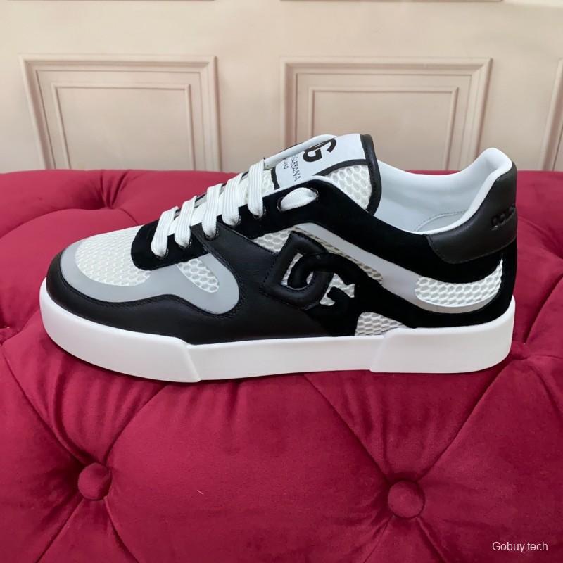 2025 Unisex Dolce & Gabbana Black White Mesh Leather Sneakers