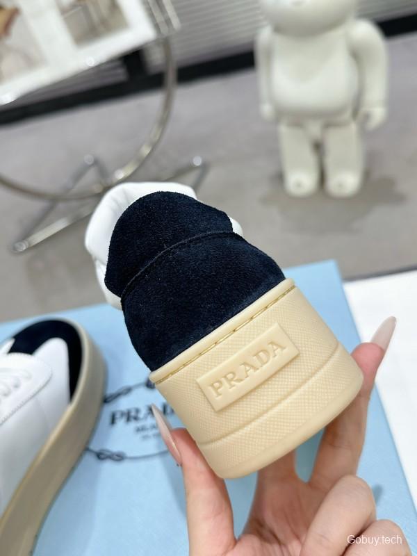 2025 Women Prada White Black Leather Suede Sneakers