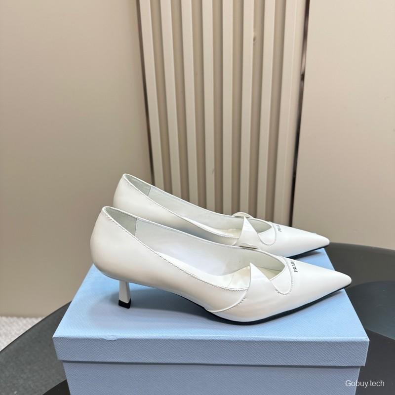 2025 Women Prada White Leather Pointed Toe Kitten Heel Pumps KFY00310