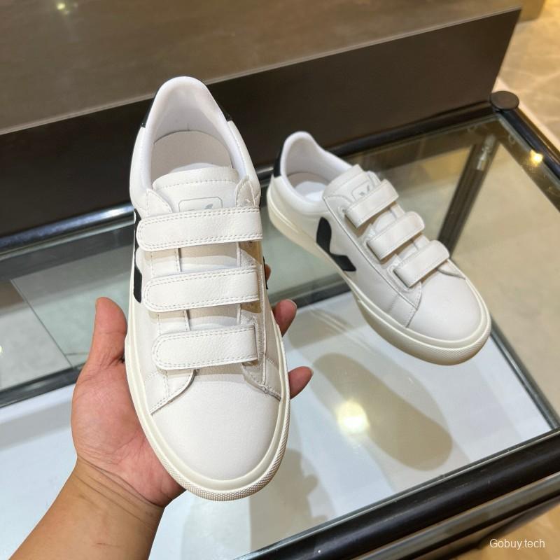 2025 Unisex VEJA White Black Leather Canvas Sneakers Velcro MJ00240(W/M)