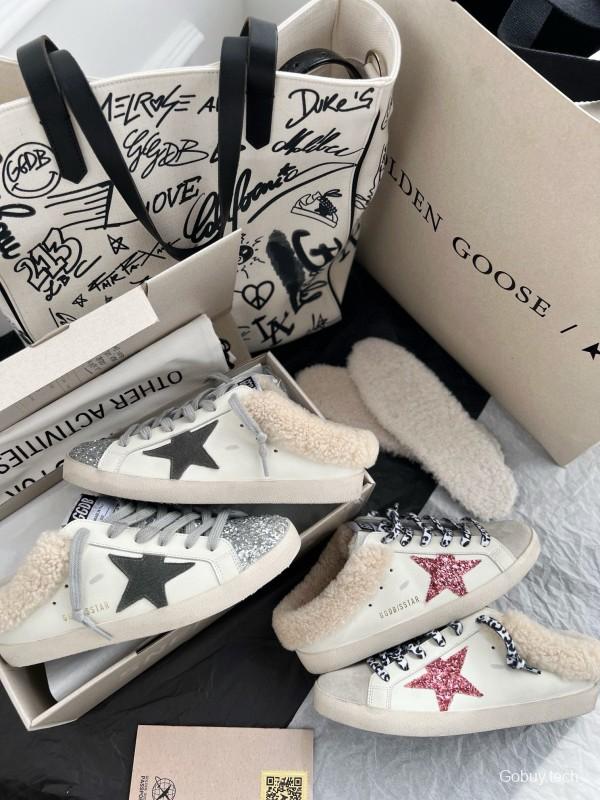 2024 Unisex GGDB White Pink Glitter Suede Leather Fur Slippers MJ00280