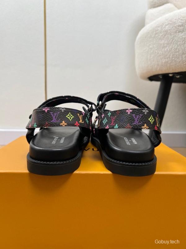 2025 Women Louis Vuitton Black Multicolor Canvas Sandals