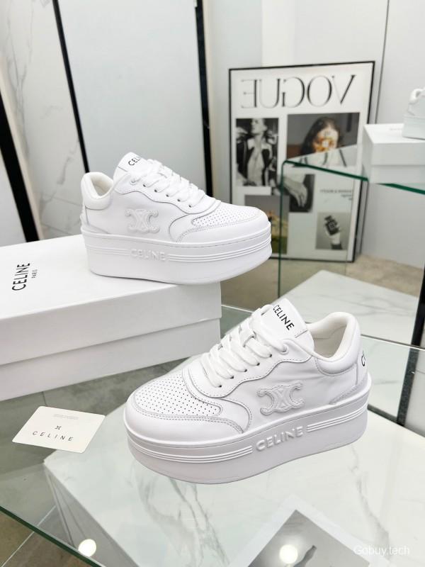 2025 Women Celine White Leather Platform Sneakers Embossed KFY00270