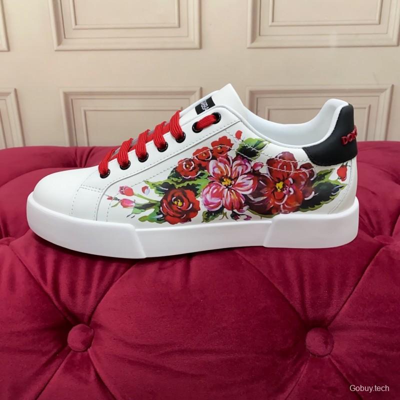 2025 Women Dolce & Gabbana White Red Leather Sneakers Floral LY00300