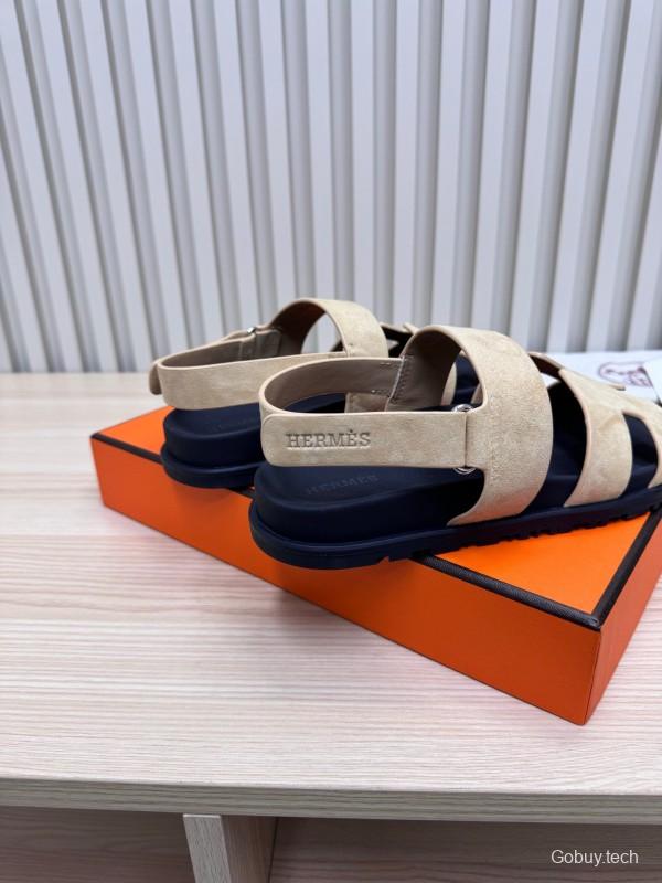 2025 Slippers Hermès Beige Black Suede Leather Sandals