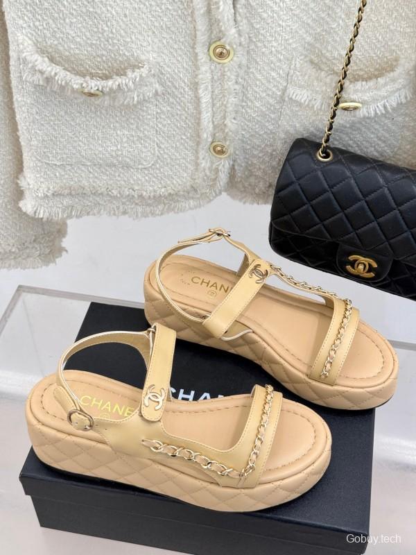 2025 Women Chanel Beige Leather Platform Sandals Chain KFY00270