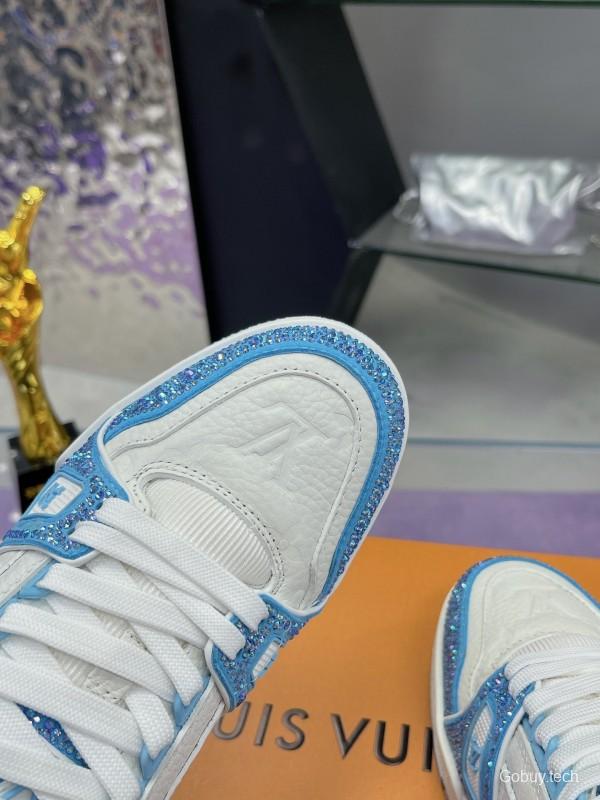 2025 Unisex Louis Vuitton Light Blue White Leather Denim Plimsolls Hand Drilled AS00400