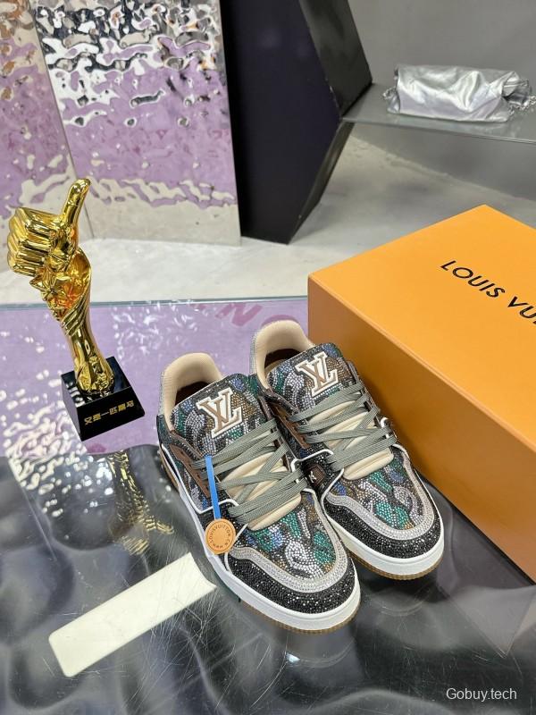 2025 Unisex Louis Vuitton Blue Grey Black Leather Fabric Sneakers Handcrafted Crystals AS00400