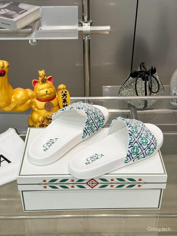 2025 Men CASA BLANCA White Green Blue Embroidered Leather Slippers KFY00160