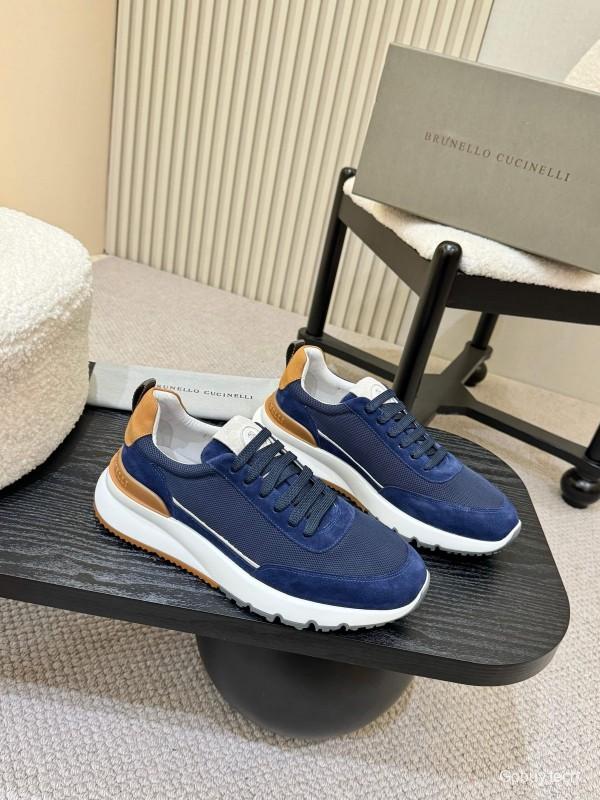 2025 Men Brunello Cucinelli Navy White Brown Calfskin Leather Sneakers AS00320